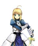 :t ahoge armor armored_dress artoria_pendragon_(all) bad_id bad_pixiv_id blonde_hair dress excalibur fate/stay_night fate_(series) gauntlets green_eyes maccyman pout puffy_cheeks saber solo tears 