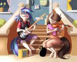  anthro anthrofied black_hair blue_hair case clothing door duo equine eyes_closed eyewear female friendship_is_magic glasses guitar hair horn horse mammal musical_instrument my_little_pony note octavia_(mlp) paper pony ponytail scarf siden sitting stairs two_tone_hair unicorn vinyl_scratch_(mlp) violin 
