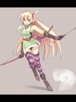  arrow blonde_hair bow_(weapon) copyright_request gloves highres long_hair open_mouth pointy_ears seo_tatsuya simple_background smile solo striped striped_legwear thighhighs very_long_hair weapon 