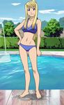  1girl bare_shoulders barefoot bikini black_eyes blonde_hair breasts cleavage cloud feet fountain fullmetal_alchemist garden hand_on_hip legs long_hair looking_at_viewer navel official_art ponytail pool screencap sky smile solo standing swimsuit toes tree video_game water wii winry_rockbell 