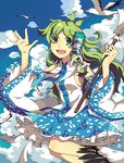  bad_id bad_pixiv_id bird blush breasts cloud detached_sleeves frog_hair_ornament gohei green_eyes green_hair hair_ornament hair_tubes kochiya_sanae long_hair medium_breasts open_mouth seagull skirt sky smile snake_hair_ornament solo star star-shaped_pupils symbol-shaped_pupils takezaka_tarou touhou 