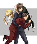  bad_id bad_pixiv_id blonde_hair bracelet brown_eyes brown_hair carrying carrying_over_shoulder carrying_under_arm facial_hair fate/zero fate_(series) gilgamesh goatee jewelry kotomine_kirei maccyman male_focus multiple_boys necklace red_eyes snakeskin_print staff toosaka_tokiomi 