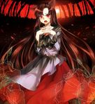  animal_ears bamboo bamboo_forest brown_hair dress flower forest fuuna_(conclusion) highres imaizumi_kagerou long_hair looking_at_viewer nature open_mouth petals red_dress red_eyes solo touhou wolf_ears 