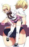  ahoge ao_no_exorcist ass ass_visible_through_thighs belt black_panties blonde_hair blush bow breasts large_breasts leaning_forward mary_janes moriyama_shiemi open_mouth panties shoes skirt striped surprised thigh_gap thighhighs umi_no_tarako underwear upskirt 