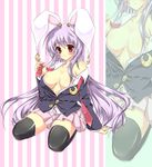  absurdres animal_ears bare_shoulders black_legwear blush breasts bunny_ears colorized crescent crescent_earrings earrings highres hinamushi_(shokuyou) jewelry long_hair medium_breasts no_bra off_shoulder open_clothes open_shirt purple_hair red_eyes reisen_udongein_inaba shirt skirt solo thighhighs touhou very_long_hair zoom_layer 