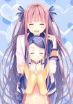  ^_^ arca_(summon_night) armband closed_eyes hair_ribbon heart hug hug_from_behind long_hair multiple_girls navel open_mouth pariet purple_hair red_hair ribbon side_ponytail sidelocks smile summon_night summon_night_5 very_long_hair yashiro_seika 