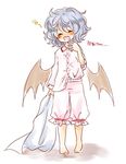  barefoot bat_wings blanket bloomers blue_hair blush child closed_eyes hand_to_own_mouth head_tilt long_sleeves maru_usagi messy_hair open_mouth pajamas pigeon-toed remilia_scarlet solo touhou underwear waking_up wings yawning 