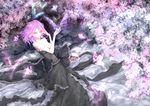  alternate_costume bad_id bad_pixiv_id black_dress breasts bug butterfly cherry_blossoms cleavage corset dress highres insect medium_breasts noah_(yakumo3903) open_mouth petals pink_eyes pink_hair ribbon saigyouji_yuyuko short_hair smile strapless strapless_dress touhou 