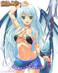  aqua_hair bad_id bad_pixiv_id bikini blush bracelet breasts cleavage dragon_wings dungeon_&amp;_valkyrie fangs green_eyes highres jewelry jormungand_(dungeon_&amp;_valkyrie) large_breasts long_hair looking_at_viewer navel open_mouth polearm sakaki_maki simple_background smile solo spear swimsuit weapon white_background wings wristband 