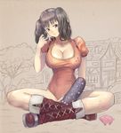  animal bad_id bad_pixiv_id boots breasts brown_eyes brown_hair cleavage crossed_legs diane_(nanatsu_no_taizai) fingerless_gloves giantess gloves hawk_(nanatsu_no_taizai) hidezi large_breasts leotard nanatsu_no_taizai orange_leotard pig red_leotard single_glove sitting size_difference smile solo twintails 