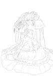  absurdres bouquet bow dress flower greyscale hatsune_miku highres kurono_yuu lineart long_hair looking_at_viewer monochrome open_mouth smile solo transparent_background twintails vocaloid 