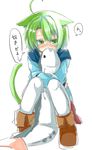  ahoge animal_ears blush cat_ears cat_tail dodome-iro_mayonnaise green_eyes green_hair highres looking_at_viewer original pantyhose sharon_(dodomayo) short_hair simple_background solo stuffed_animal stuffed_fish stuffed_toy tail translated white_background white_legwear 