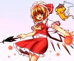  ascot brown_hair cardcaptor_sakura cosplay energy_ball flandre_scarlet flandre_scarlet_(cosplay) green_eyes hat hat_ribbon kerberos kinomoto_sakura laevatein looking_at_viewer misoshiru_(meridianchild312) open_mouth puffy_sleeves pyonta ribbon shirt short_sleeves skirt skirt_set smile touhou vest white_hat wings 