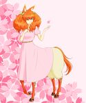  absurdres animal_ears bad_id bad_pixiv_id belt biba_(mnhnlv) bloomers centaur centaur_no_nayami cherry_blossoms dress flower hair_ribbon highres horse_ears horseshoe kimihara_himeno long_hair monster_girl open_mouth orange_eyes orange_hair pink_dress pointy_ears ribbon smile solo standing underwear 