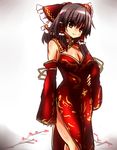  black_eyes black_hair bow breasts china_dress chinese_clothes cleavage cleavage_cutout detached_sleeves dress hair_bow hair_tubes hakurei_reimu hand_on_hip large_breasts long_sleeves misoshiru_(meridianchild312) red_dress side_slit smile solo touhou wide_sleeves 