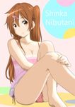  barefoot breasts brown_eyes brown_hair character_name chuunibyou_demo_koi_ga_shitai! cleavage hair_ornament hairclip long_hair medium_breasts nibutani_shinka oku_no_shi panties side_ponytail solo underwear 