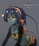  anglerfish antennae bad_deviantart_id bad_id black_eyes blue_hair character_name fang fins flat_chest glowing green_skin hairband lips lure monster_girl no_pupils nose personification pocket_pussies purple_hair see-through short_hair solo strapless tubetop whistle_frog 