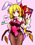  animal_ears arm_garter blonde_hair blush bow bowtie bunny_ears bunny_girl bunny_tail bunnysuit detached_collar earrings fake_animal_ears flandre_scarlet gin_(shioyude) hair_bow hand_on_hip heart heart-shaped_pupils jewelry long_hair pantyhose red_eyes side_ponytail solo spoken_heart symbol-shaped_pupils tail touhou translated wings wrist_cuffs 