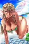  all_fours barefoot beach bikini blonde_hair breasts cleavage coracola day fairy front-tie_top green_bikini green_eyes highres large_breasts long_hair looking_at_viewer open_mouth original outdoors pointy_ears sandals shoes_removed side-tie_bikini solo swimsuit tan water wings 