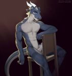  2018 5_fingers anthro balls blue_eyes chair digital_media_(artwork) dragon hinar_miler horn looking_at_viewer male nude penis simple_background sitting smile solo 