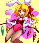  animal_ears blonde_hair bow bowtie brown_legwear bunny_ears bunny_tail bunnysuit crystal detached_collar elbow_gloves fake_animal_ears fangs fishnet_pantyhose fishnets flandre_scarlet gin_(shioyude) gloves heart leotard open_mouth pantyhose red_eyes red_leotard ribbon short_hair side_ponytail smile solo tail touhou white_gloves wings wrist_cuffs 