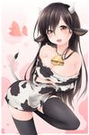  animal_ears animal_print bare_shoulders bell bell_collar black_legwear blush breast_hold breasts cleavage collar cow_bell cow_ears cow_horns cow_print cow_tail crossed_arms ebi_senbei heart horns large_breasts long_hair off-shoulder_sweater open_mouth original smile solo sweater tail thighhighs 
