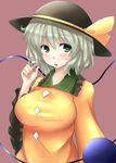  :o alternate_breast_size blush breasts cassandra_(seishun_katsu_sando) green_eyes grey_hair hat komeiji_koishi large_breasts open_mouth playing_with_hair shirt short_hair simple_background solo sweatdrop taut_clothes taut_shirt third_eye touhou wide_sleeves 