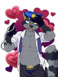  black_nose blonde_hair blue_eyes briefs clothing eyewear glasses hair handcuffs looking_at_viewer male mammal neil nipples open_fly open_pants open_shirt pants panty_peek pubes raccoon shackles shirt solo toned underwear vasuki 