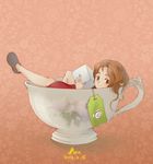  2013 arrietty brown_eyes brown_hair cup dated floral_background hair_down karigurashi_no_arrietty minigirl pink_background signature solo sugar_cube teabag teacup yulan0223 