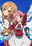  apron asuna_(sao) black_hair breastplate brown_hair day dragon freckles lisbeth long_hair mole mole_under_eye multiple_girls noa_(nagareboshi) pina_(sao) pink_hair sachi_(sao) short_hair silica sword_art_online twintails 