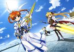  absurdres arm_guards bardiche belt blonde_hair blue_eyes brown_hair cape cloud day fate_testarossa fingerless_gloves gloves hat highres jacket long_hair long_skirt lyrical_nanoha magazine_(weapon) magical_girl mahou_shoujo_lyrical_nanoha mahou_shoujo_lyrical_nanoha_a's mahou_shoujo_lyrical_nanoha_the_movie_2nd_a's multiple_girls non-web_source official_art okuda_yasuhiro open_clothes open_jacket raising_heart red_eyes schwertkreuz short_twintails skirt sky smile sun takamachi_nanoha thighhighs twintails very_long_hair waist_cape yagami_hayate zettai_ryouiki 