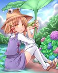  blonde_hair blue_sky cloud day flower frog hair_ribbon hasu_(hk_works) hat holding hydrangea leaf leaf_umbrella lily_pad looking_at_viewer looking_back moriya_suwako open_mouth outdoors ribbon rock sandals short_hair sitting sky solo thighhighs touhou water white_legwear yellow_eyes 