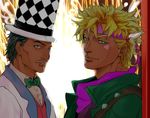  battle_tendency black_hair blonde_hair bow bowtie caesar_anthonio_zeppeli facial_hair facial_mark feathers grandfather_and_grandson green_eyes green_jacket hair_feathers hat headband jacket jojo_no_kimyou_na_bouken kasumifaiz multiple_boys mustache phantom_blood scarf top_hat will_anthonio_zeppeli 