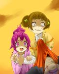  2girls aida_mana angry arm_grab beaten blood blood_on_face bloody_clothes brown_hair clenched_teeth constricted_pupils dokidoki!_precure double_bun evil_grin evil_smile grin half_updo multiple_girls pink_eyes pink_hair precure scared short_hair smile tears teeth yotsuba_alice younger zanpan526 