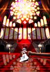  bat_wings blue_hair checkered checkered_floor crossed_legs lystick red_eyes reflection reflective_floor remilia_scarlet sitting solo stained_glass stairs throne touhou transparent transparent_wings wings 