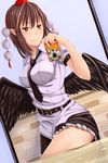  belt blow blush breasts camera dominico hat highres large_breasts looking_at_viewer necktie pointy_ears pose shameimaru_aya shiny shiny_skin short_hair skirt smile solo thighs tokin_hat touhou wings 