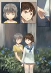  artist_name brown_eyes brown_hair clothes_grab comic dated doujinshi flower green_eyes highres kanokoga looking_down miyafuji_yoshika multiple_girls sanya_v_litvyak short_hair silver_hair strike_witches world_witches_series 