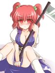  blush breasts cleavage covering covering_crotch hair_bobbles hair_ornament large_breasts onozuka_komachi panties red_eyes red_hair ry scythe short_hair sitting solo touhou two_side_up underwear 