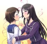  black_hair blue_eyes brown_hair food ga-rei ga-rei_zero hime_cut isayama_yomi long_hair multiple_girls nanagami_ginji pocky pocky_kiss purple_eyes sailor school_uniform serafuku shared_food short_hair tsuchimiya_kagura yuri 