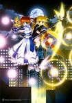  absurdres bardiche belt black_legwear blonde_hair blue_eyes brown_hair cape city cloud fate_testarossa fingerless_gloves gloves highres long_hair long_skirt lyrical_nanoha magical_girl mahou_shoujo_lyrical_nanoha mahou_shoujo_lyrical_nanoha_a's mahou_shoujo_lyrical_nanoha_the_movie_2nd_a's moon multiple_girls night non-web_source official_art okuda_yasuhiro raising_heart red_eyes shoes short_twintails skirt sky takamachi_nanoha thighhighs twintails very_long_hair winged_shoes wings zettai_ryouiki 