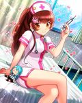  bed brown_hair crossed_legs ensemble_girls! ensemble_girls_(artist) hassaku_tsuyuri hat heart legs long_hair natsuno_yuri nurse nurse_cap official_art orange_eyes ponytail sitting smile solo syringe watermark 