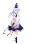  bad_id bad_pixiv_id black_footwear blue_eyes eyebrows_visible_through_hair eyes_visible_through_hair frilled_skirt frills hands_in_opposite_sleeves hat long_hair long_sleeves matsuyama_nozomu mononobe_no_futo one_eye_closed ribbon ribbon-trimmed_sleeves ribbon_trim shoes silver_hair simple_background skirt smile solo tate_eboshi touhou white_background wide_sleeves 
