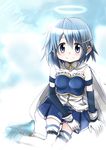  armband bare_shoulders belt blue_eyes blue_hair blush boots cape cloud gloves hair_ornament hairclip halo looking_at_viewer magical_girl mahou_shoujo_madoka_magica mahou_shoujo_madoka_magica_movie miki_sayaka short_hair skirt smile solo spoilers thighhighs u_u_(mooooooou) white_legwear 