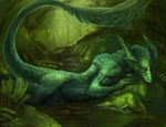  detailed_background dragon feathers forest green_theme lying male rhyu river solo tree water yellow_eyes 
