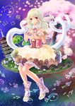  bad_id bad_pixiv_id blonde_hair braid cherry_blossoms chinese_zodiac dress flower high_heels highres kasugaya_(howafuwacat) long_hair new_year open_toe_shoes original petals red_eyes shoes sitting snake solo year_of_the_snake 