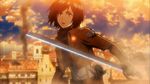  black_hair emblem highres jacket mikasa_ackerman paradis_military_uniform screencap shingeki_no_kyojin short_hair solo sword training_corps_(emblem) weapon 