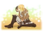  black_hair blonde_hair boots brown_hair christa_renz closed_eyes emblem freckles full_body hug hug_from_behind jacket jpeg_artifacts kurokoshou multiple_girls pants paradis_military_uniform profile shingeki_no_kyojin short_hair sitting three-dimensional_maneuver_gear training_corps_(emblem) ymir_(shingeki_no_kyojin) yuri 