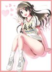  brown_eyes brown_hair buruma character_name collarbone cross-laced_footwear gym_uniform hairband heart idolmaster idolmaster_cinderella_girls long_hair ment open_mouth puffy_sleeves shimamura_uzuki shoes short_sleeves sneakers socks solo v white_legwear 