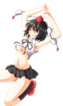  arm_cannon armpits arms_up black_hair blush evandragon groin hat looking_at_viewer miniskirt navel one_eye_closed red_eyes shameimaru_aya skirt sleeveless smile solo thighs tokin_hat touhou weapon 