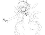 bow cirno greyscale grin hair_bow highres lineart monochrome satsumi short_hair smile solo touhou wings 